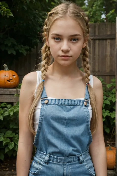 A young teenage girl with straight light-blond hair, gathered in characteristic pigtails. Her face is oval with pale skin and minimal makeup, has the most natural look. The eyes are large, light blue, with an expression of seriousness and thoughtfulness. T...