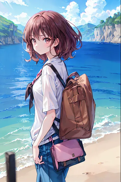 ((masterpiece)), (anime:1.5), ((Best Quality)), (RAW Photos:1.2), (High resolution:1.3), (Professional photography:1.2), (chromatic aberration), A girl traveling,carrying a large pink travel bag， (whole body), (Serious), (Beautiful brown eyes:1.3), View yo...