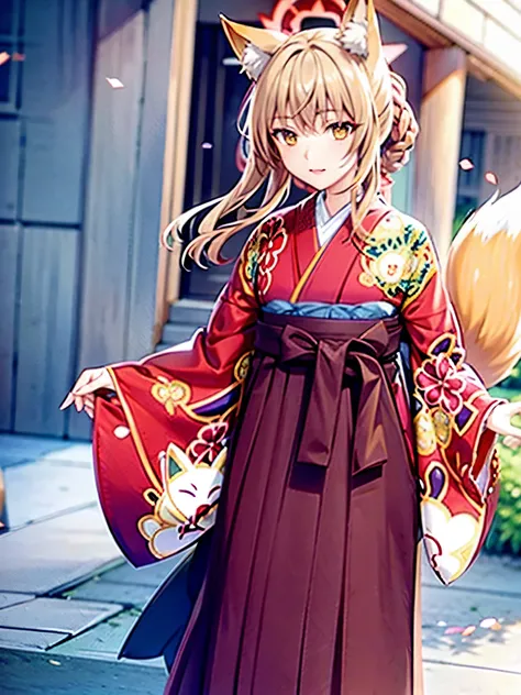 Anime, girl, fox ears, fox tail, big tail, bushy tail, big ears, hakama, furisode, Japanese town