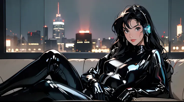 Rainy Night、A dark-haired girl is sitting at a shiny black leather sofa bed by the window, Wearing a shiny rubber catsuit、Wearing a shiny latex gloves,Wearing big headphones, warm, Pleasant light. The city skyline is visible in the background, The lights o...