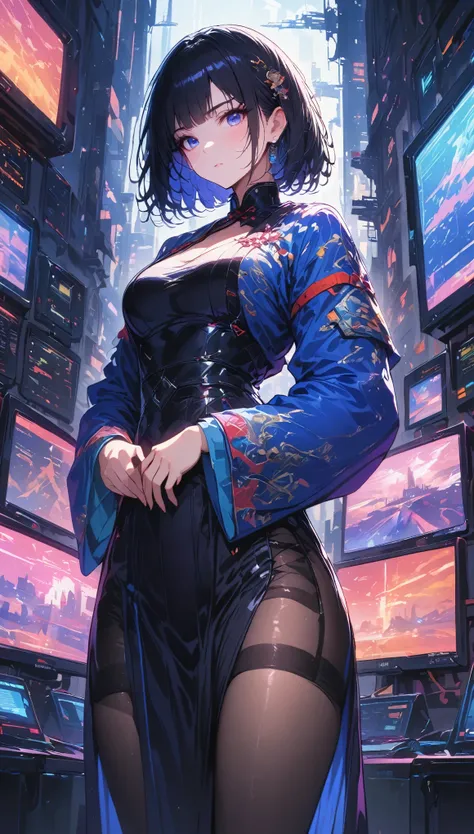 (Highest resolution, Clearly_image), best quality, masterpiece, Very detailed, semi-realistic, Black short hair, Commander Cheng in Hanfu, triple bangs, Black, Black pleated skirt, , spaceship space, control room, cyberpunk