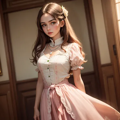 princess, 20 year old European woman, round face, white skin, sharp nose, red cheeks, dimples on the sides of her lips, small red lips, almond-shaped light green eyes, long brown hair to her waist. Long pink Victorian style dress, flowing dress, short slee...