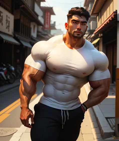 an exaggeratedly muscular and large Indian Balinese Japan alpha hunk handsome bodyguard, beefy build, mixed race, (wearing sport round neck shirt) , (bara pecs: 1.3), photo model knee to upper body portrait HD, in the street gangster style, aesthetically p...