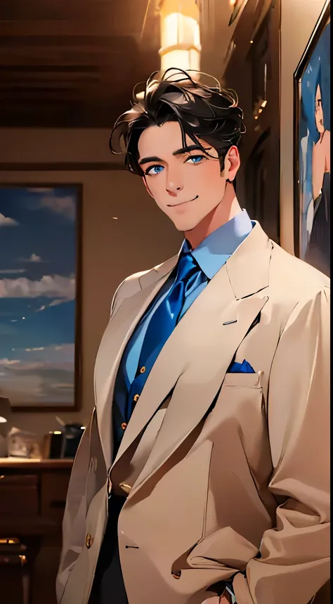 (best quality, work of art, 8k, photorealistic, cinematic lighting, 1:4 HDR image, ultra detailed, beautiful picture), a mature man, 3 very handsome, ((expression in love and smiling at his beloved wife)), short grey black hair, blue eyes, perfect face wit...