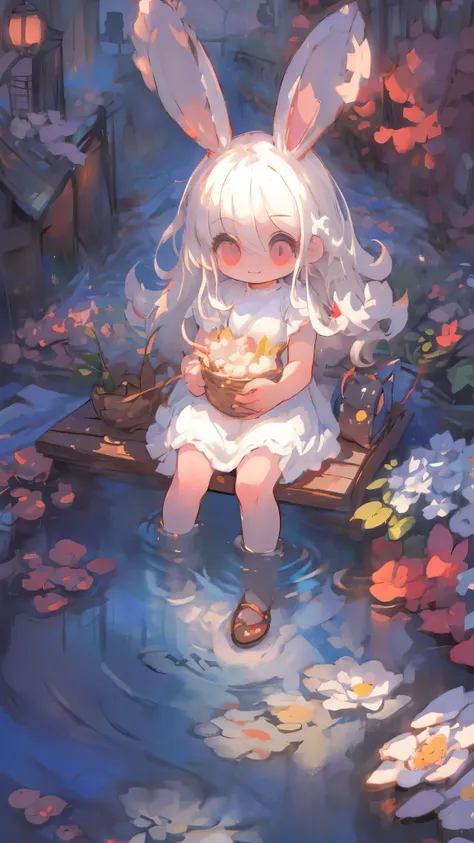 (((solo))),1girl((3D Art:2.0),(Chibi:1.8),cute,kawaii,small kid,(white hair:2.0),(long hair:1.6),(rabbit ear:2.0),(rabbit ear is white:2.0),white dress,red eyes,big eyes,skin color white,big hairbow,sitting), BREAK ,background(sitting on the luncheon mat,s...
