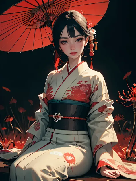 a woman wearing a beautiful detailed japanese kimono, sitting in a field of red spider lilies, beautiful detailed eyes, beautiful detailed lips, extremely detailed face and skin, long eyelashes, intricate and ornate kimono pattern, delicate and graceful po...