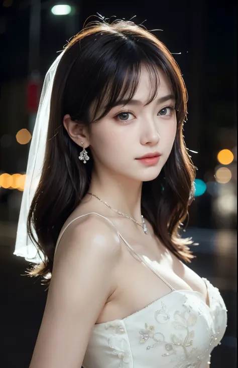 Disorderly posture, (very delicate and beautiful work), (masterpiece), 1girl, girl in wedding dress, veil, lace, high definition, ridiculous, charming expression, beautiful clear eyes, green eyes, delicate necklace, delicate earrings, simple background blu...