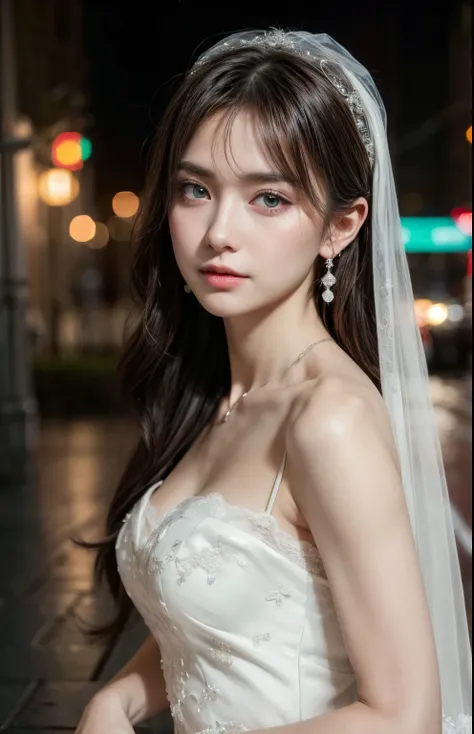 Disorderly posture, (very delicate and beautiful work), (masterpiece), 1girl, girl in wedding dress, veil, lace, high definition, ridiculous, charming expression, beautiful clear eyes, green eyes, delicate necklace, delicate earrings, simple background blu...