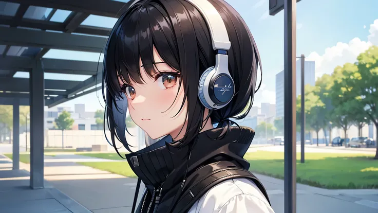 A young girl with black hair is wearing stylish clothes and headphones labeled "Lo-Fi." She is shown in profile, with a calm and serene expression as she gazes into the distance. Her hair is meticulously detailed, and her outfit is crafted with great atten...