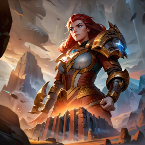 In the majestic splash art of the base skin "Ironforge Astrid," a breathtaking scene unfolds against the backdrop of a soaring mountain range in Lerquoish. Astrid, the dwarven warrior, stands resolute at the forefront, clad in intricately crafted armor, re...