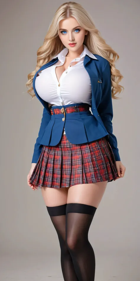 A blonde woman, , sports jacket、High , miniskirt, plaid skirt、unbuttoned transparent shirt, plaid pleated skirt, JK Style、very sexy、a slight smile、garter belts、Stockings、pantyhose、transcendent beauty、beautiful shape 、double tail hair、Long hair straight hai...