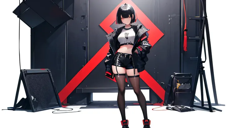 bratty oni girl, black fringe, black bob hair, short unzipped jacket, short shirt, hotpants, stockings, full body, sexy modern outfit, simple straight pose, character design