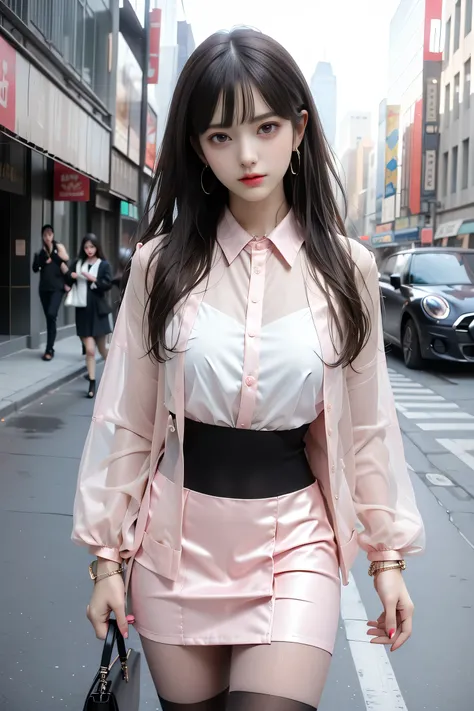 ((Woman walking through the streets of New York))、Beauty、One person女、One person、Long Hair、（Office Lady)、Viewer、Smile、(Big Blue Eyes)、Hair Accessories、gem、(Light brown hair)、mouthをclose、bangs、bracelet、lips、Portrait、Red nails、close、赤いlips、Long Hair、Viewer、sm...