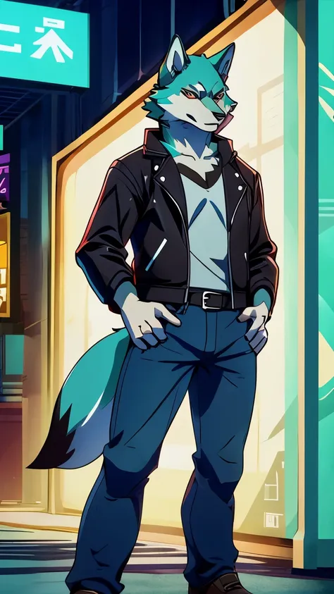 wolf, male, turquoise fur, anime: bna, high resolution, fur on hands, standing, hand on hip, leather jacket, jeans