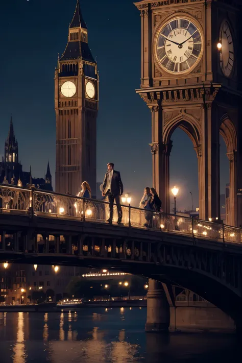 people walking on a bridge in a city at night with a large clock tower in the background, cute face, classic scenario, arstation...