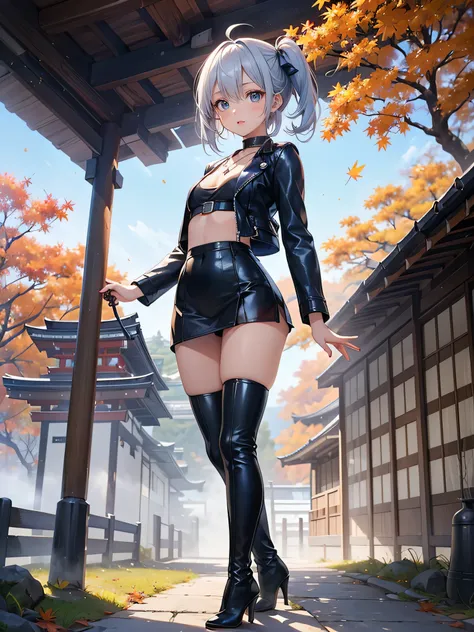 ((4K,masterpiece,Focus on the face)),((Symmetrical facial features)),Eyes with detailed description,Beautiful woman,Great style,(Small Ass,Thin thighs),Facial detailing,Small earrings,necklace,(Blue Leather Jacket,skirt((Leather high heels,Thigh-high boots...