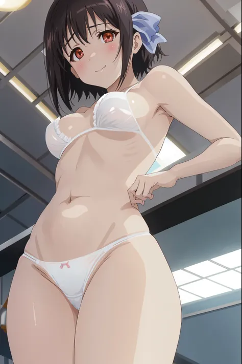 nsfw,[anime styled],[official art],Tomomi_saikyou,black hair,Short hair,Hair Ribbon,asymmetrical bangs,classroom,NSFW,1girl in,(Portrait),close up,(short torso),medium build, Perfect Lighting,nude,anime screen cap,Flat color,cel shading,smile,, (underwear:...