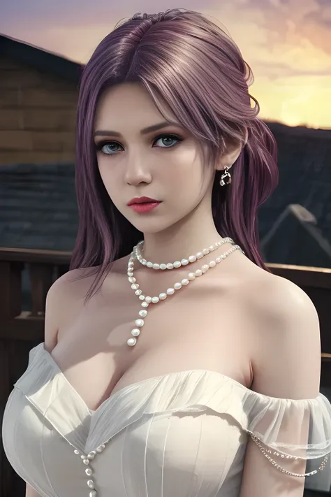 1girl ,Beautiful sunset,pure white elegant wedding dress, off-shoulder white short dress, bold deep V-neck, sleeveless, collarbone, upper chest, (pearl chain: 1.3), ,huge breasts,(best quality,8k,highres,masterpiece:1.2),ultra-detailed,(realistic,photoreal...