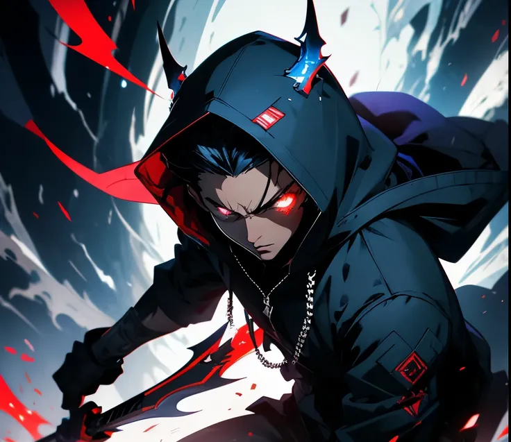 A Futuristic boys, haunted devil soul, has the appearance of a suit of blue jacket hooded,blue-black hair, its is being worn by a red energy in to form of a man with red burning eyes, using a melee weapon