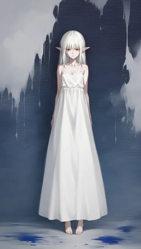 1girl, solo, full body, Diabolical, Ruined palace in the distance, Gloomy painting style，
Anime Girls, (white long camisole), pale skin, albino, white hair, elf ears, half closed eyes, red eye,
Score_9,Score_8,score_7_up,source_anime, rating_questionable,