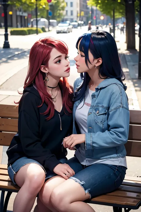 two girls kissing, colored hair, earrings, beautiful face, full lips, sitting on a parkbench