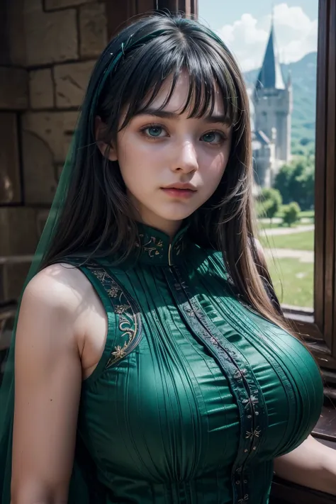 (a beautiful teen girl with gigantic breasts), detailed face, long eyelashes, long front bangs, in a Old Castles of Europe, best quality, 8k, hyperrealistic, photorealistic, professional, masterpiece, dramatic lighting, intricate details, vivid colors,((Sl...