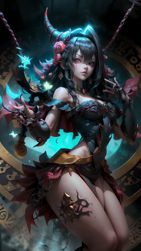 Beautiful dark mage (Masterpiece: 1.2, La mejor calidad), (1 , only), big breasts, (Dynamic posture), (glowing skin, crimson red skin), crimson red skin, Dark Magician Girl Demon Version Sezy, red skin, Thin lace gloves, ( small demonic horns:1.1), (Lilith...