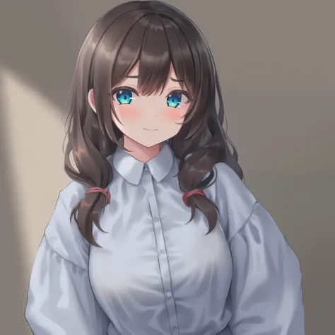 1girl, rating:safe, solo, shirt, upper_body, breasts, twintails, low_twintails, blush, collared_shirt, bangs, closed_mouth, long_hair, brown_hair, looking_at_viewer, white_shirt, large_breasts, dress_shirt, blue_eyes, eyebrows_visible_through_hair, buttons...