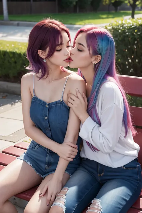 two girls kissing, colored hair, earrings, beautiful face, full lips, sitting on a parkbench