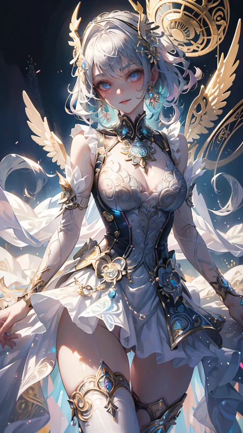 Cyborg, Girl, Beautiful girl, Cute, Sexy, Strong, Slender, Delicate, Smile, (Lolita costume), High legs, Metallic, ultra color, paisley, Headgear, mandalas, Near future, Heaven, angel, feater, wing, Helix lamp