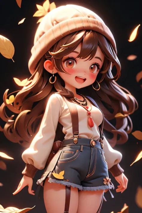 Extremely detailed, Complex, masterpiece, Absurd,1 Girl, (:d:1.0) Fallen Leaves, Red Cliff,bangs, Black headdress, Blurred background, blush, Brown eyes, Brown hair, brown diamond love necklace, brown lace skirt, Big breasts show through small suspenders, ...