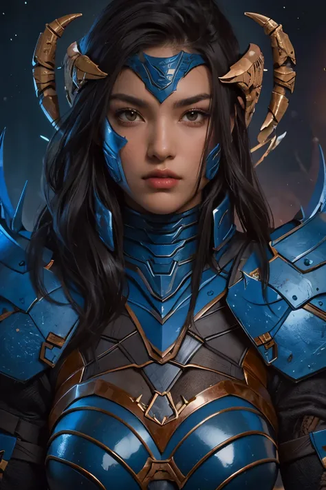 A woman dressed in black armor with a scorpion motif.A beautiful woman. She is a large man with muscular muscles. She has long dark brown hair.The face is slightly square and angular. Late twenties. Copper-colored skin. she wears black, scorpion-themed arm...