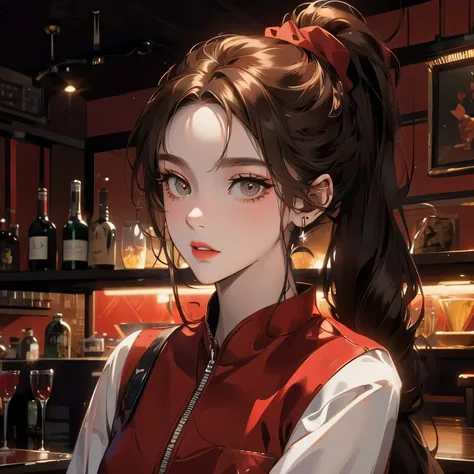 woman,ponytail, red restaurant background