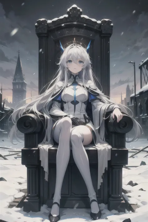 an deep blue eyed and very long white haired anime lady wearing highleg mech suit, sits on a throne where is in a destroyed medieval ruins in snowy winter