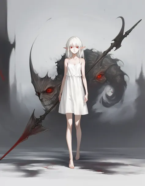 1girl, solo, full body, Diabolical, Ruined palace in the distance, Gloomy painting style，
Anime Girls, (white long camisole), pale skin, albino, white hair, elf ears, red eye,
Score_9,Score_8,score_7_up,source_anime, rating_questionable,