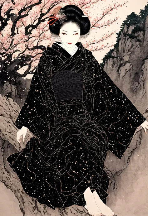 Line art、geisha、Splattered、Crazy Smile、Falling sakura Flowers、takato yamamoto style、Black Dress, sakura tree, mount fuji 
