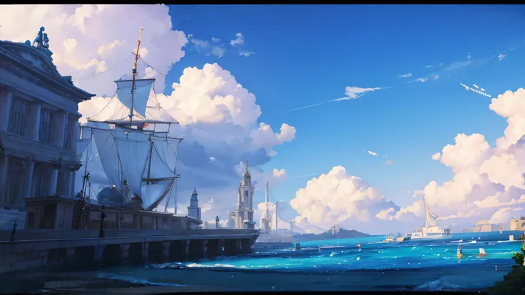 Masterpiece, high detail, 8K resolution, ConceptArt, scenery, water, sky, day, tree, cloud, nature, sea, ancient city of water, ancient waterway, ship harboring, blue sky, from above, Makoto Shinkai artstyle