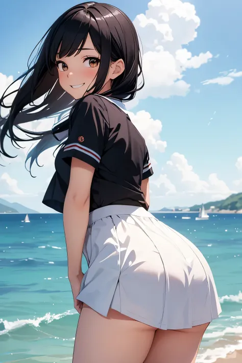 Highest quality, Attention to detail, masterpiece, One high school girl, Young lady, Black Hair, Brown eyes, High resolution, Anime characters, Short-sleeved sailor uniform, The wind blew up her skirt, exposing her white panties and ass., Smiling face, I h...