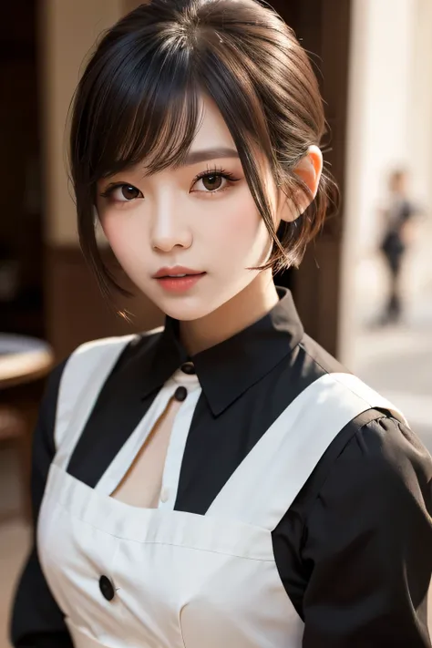 (8k, RAW Photos:1.2), Detailed face and eyes,Best Quality, Ultra-high resolution, Very detailed ,Intricate details ,masterpiece ,pretty girl , Soft cinematic light, Hyper Detail,Sharp focus, high quality, Black Hair, Bobcut, Black long sleeve, White, Maid ...