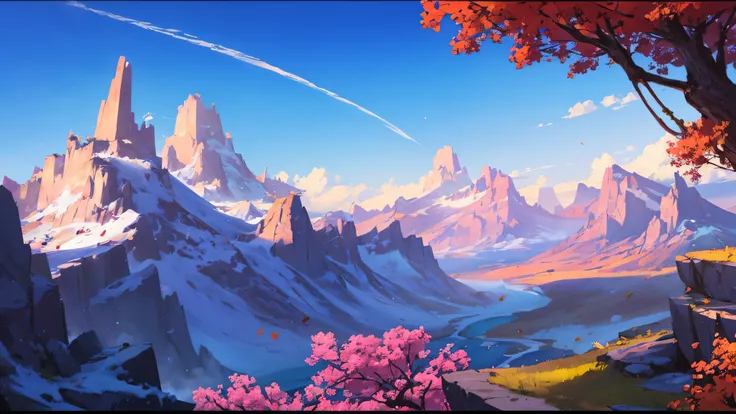 Masterpiece, high detail, 8K resolution, overlooks the vast expanse of clear blue sky and underneath a large valley mountain, flower colorful color blue red green purple yellow, fantasy world medieval, rocks, tree branches, fallen leaves, birds, The scene ...