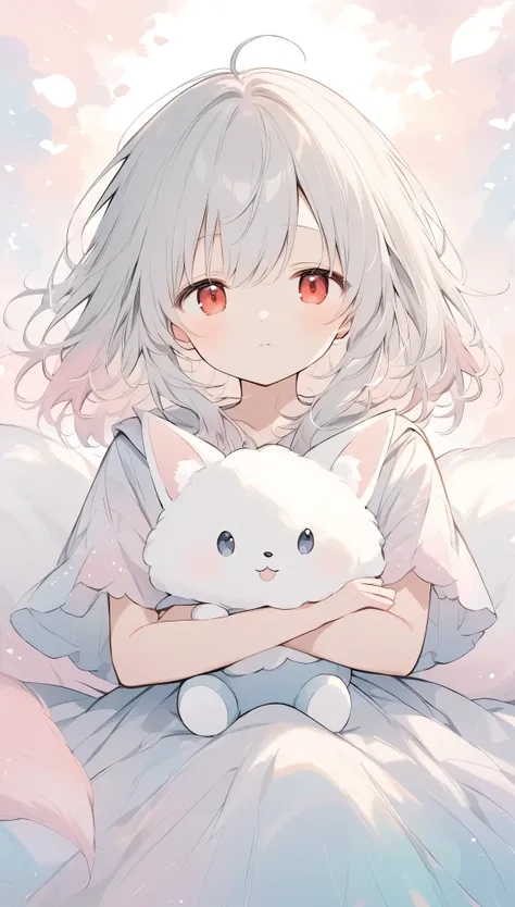 ((The pale lines and soft colors create a dreamy, ephemeral impression..)),Nine-tailed fox、Nine Tails、Fluffy、Gray Hair、Slanted Eyes、Red Eyes、Holding a cute white fox stuffed toy