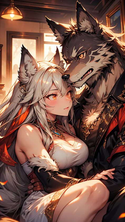 1 male anthro furry wolf couple, detailed facial features, highly detailed, romantic intimate pose, photorealistic, cinematic lighting, warm colors, vibrant, award winning digital art