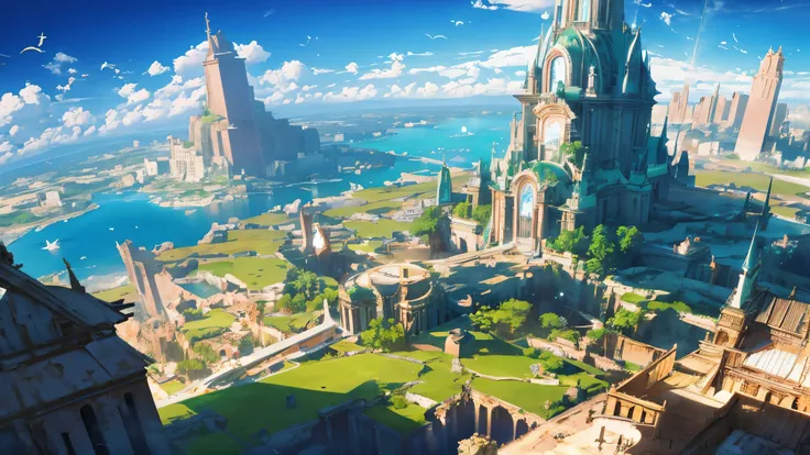 Masterpiece, high detail, 8K resolution, floating island, Decaying ruined cities and land in the sky, where once a prosperous city was formed, but the buildings made of stone and wood have decayed and are dominated by the life force of plants and trees. An...