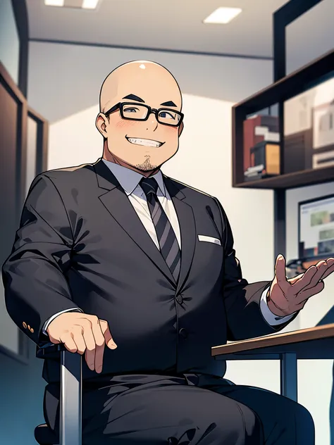 Meeting room black-rimmed glasses　A short-haired, bald, fat man in a suit is sitting with a grinning smile