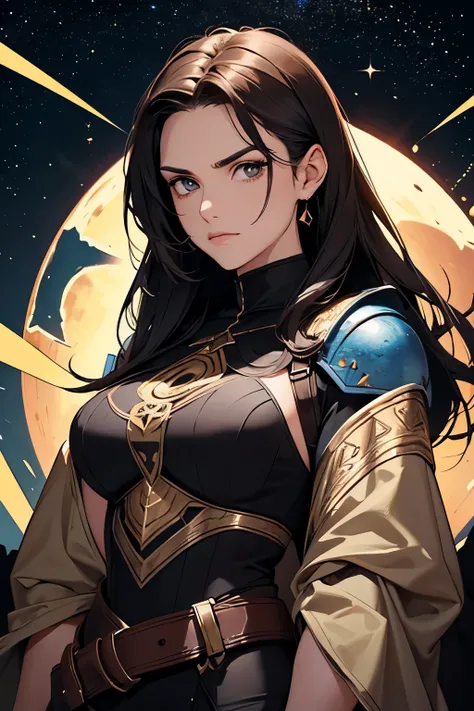 A woman dressed in black armor with a scorpion motif.A beautiful woman. She is a large man with muscular muscles. She has long dark brown hair.The face is slightly square and angular. Late twenties. Copper-colored skin. she wears black, scorpion-themed arm...