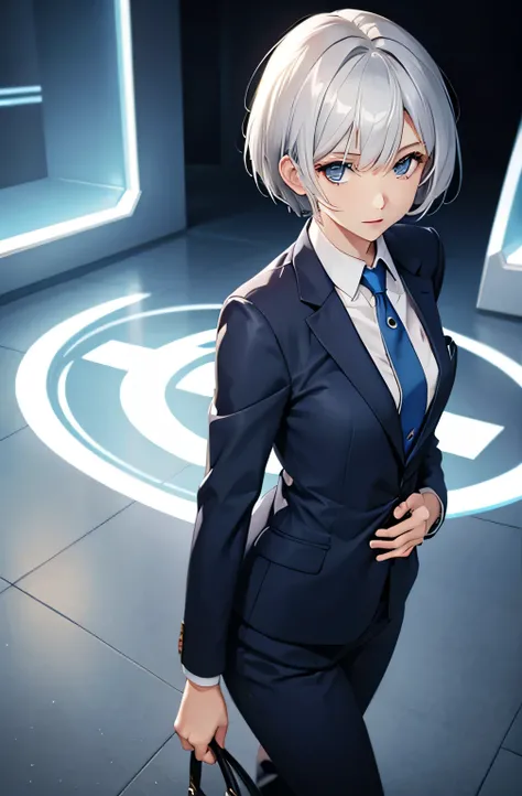 Suit jacket、woman、Silver Hair、Short Hair、blue eyes、