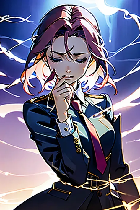 (highest quality:1.2), upper body portrait of A 20-years-old girl, raising her arm, Her index finger is pointed to her temple of head, making gesture of "bang!". The thundervolt is caused from her index finger and lightning surrounds her body. Shes been el...