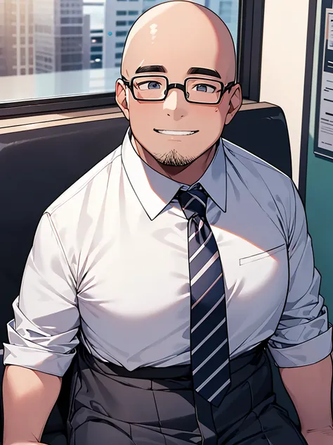 solo long shot　Conference room black-rimmed glasses　Bald and fat:1.2　Man in suit　White shirt　Striped navy blue tie　Sitting　Smiling with teeth showing　sweat