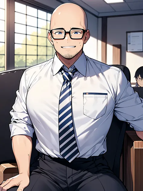 Meeting room black-rimmed glasses　Bald and fat:1.1　White shirt　Striped navy blue tie　A man is sitting with a grinning smile　sweat