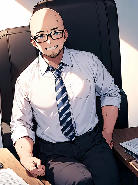 Meeting room black-rimmed glasses　Bald and fat:1.3　White shirt　Striped navy blue tie　A man is sitting in a chair with a grinning smile　sweat